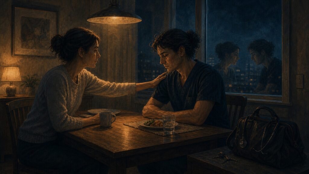 Cena doméstica vista de fora: alguém em casa percebe que o médico mudou antes dele mesmo perceber