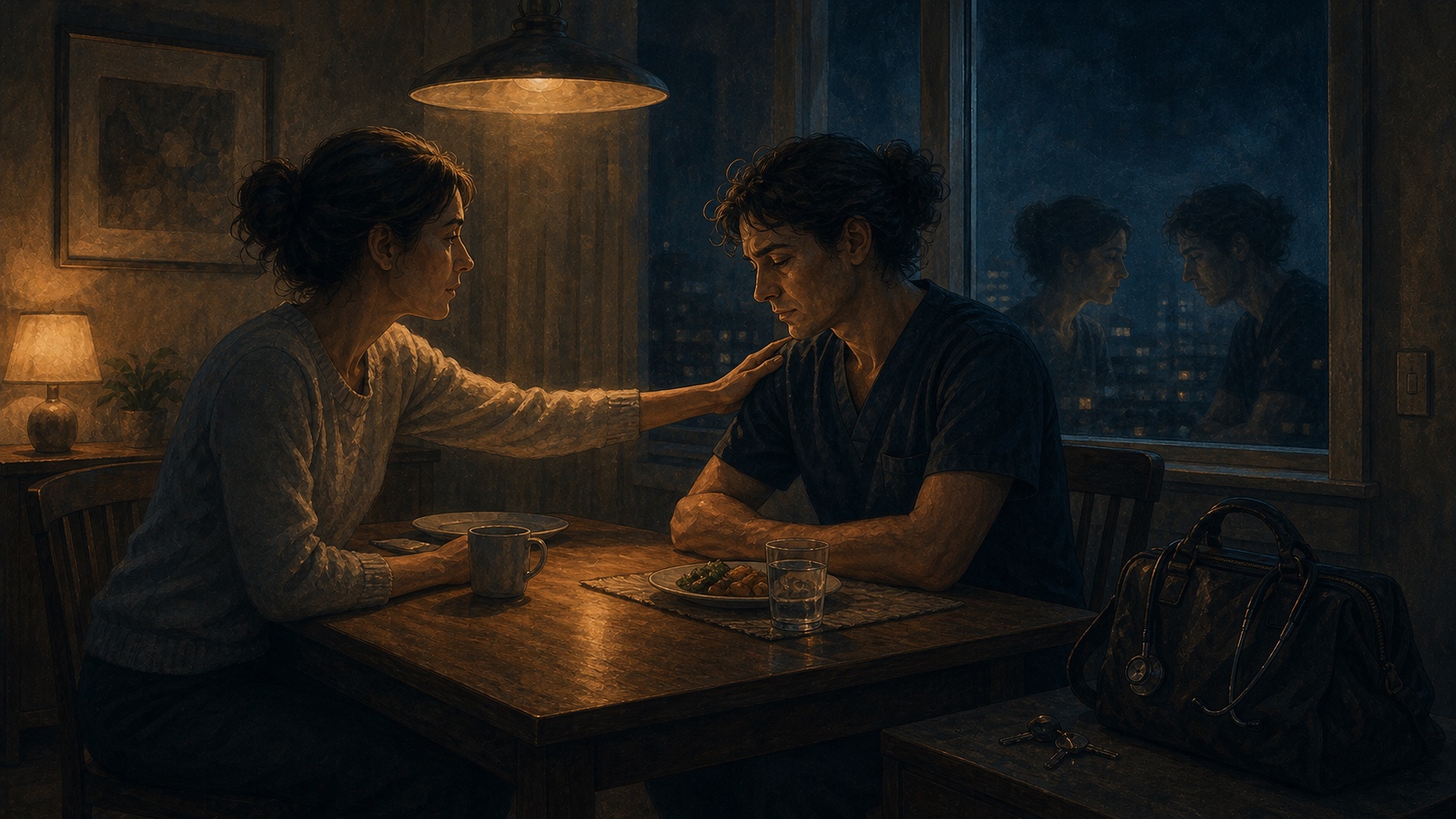 Cena doméstica vista de fora: alguém em casa percebe que o médico mudou antes dele mesmo perceber
